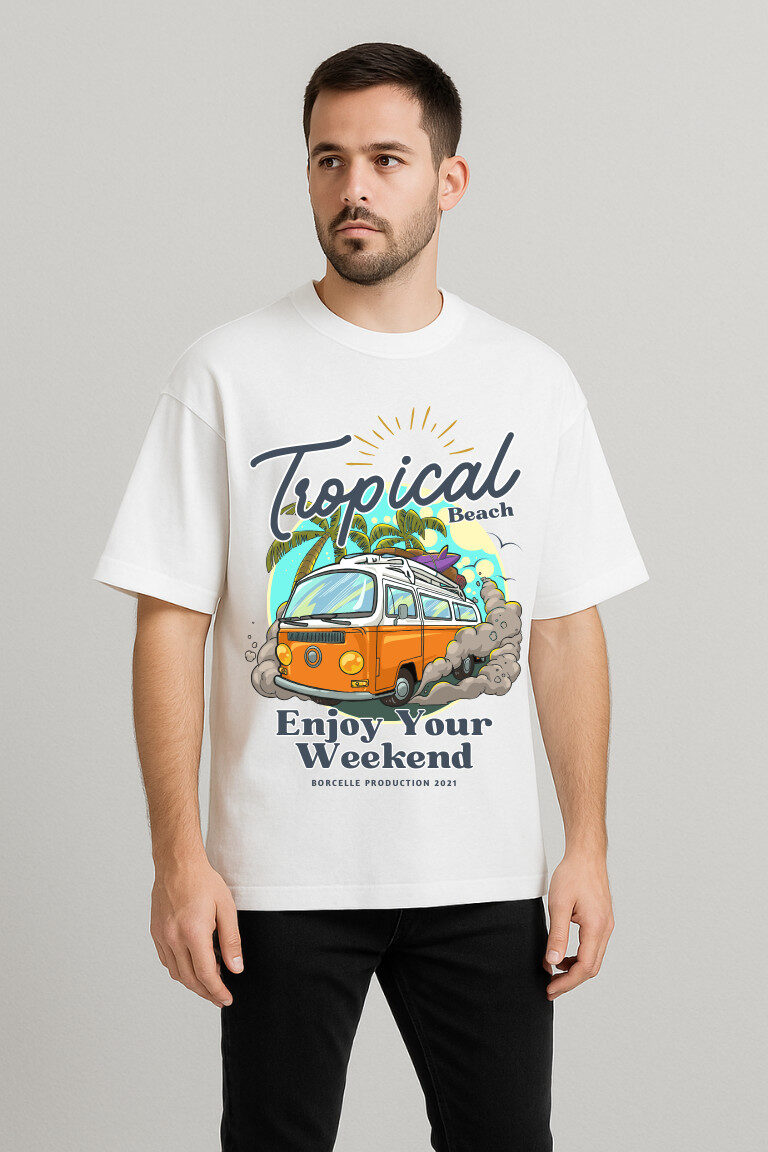 Men’s Tropical Beach Graphic T-Shirt | Retro Van & Palm Print - Image 3