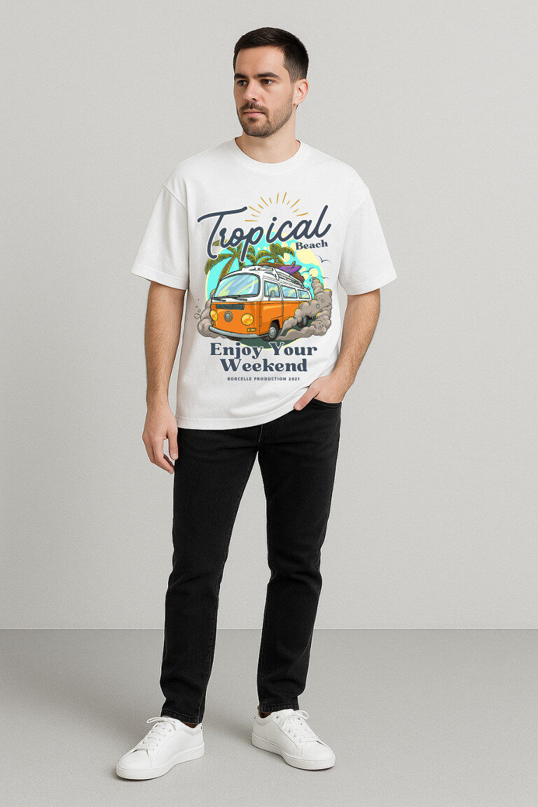 Men’s Tropical Beach Graphic T-Shirt | Retro Van & Palm Print
