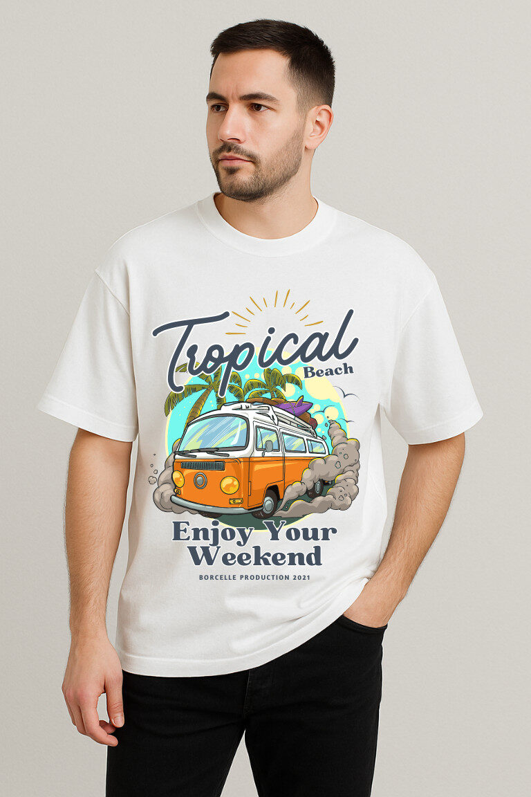 alt="Men’s Tropical Beach graphic t-shirt with retro van and palm tree print – perfect for summer and weekend wear"